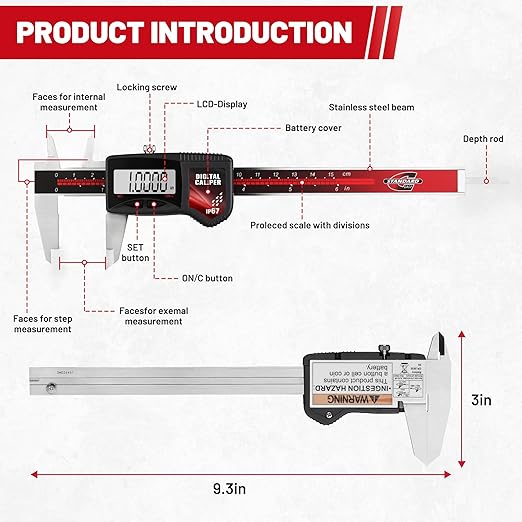 IP67 Digital Caliper Measuring Tool 0-6" Range, ±0.001" Accuracy Electric Micrometer Caliper with Large LCD Screen, Stainless Steel Electronic Digital Ruler with Auto-Off Feature