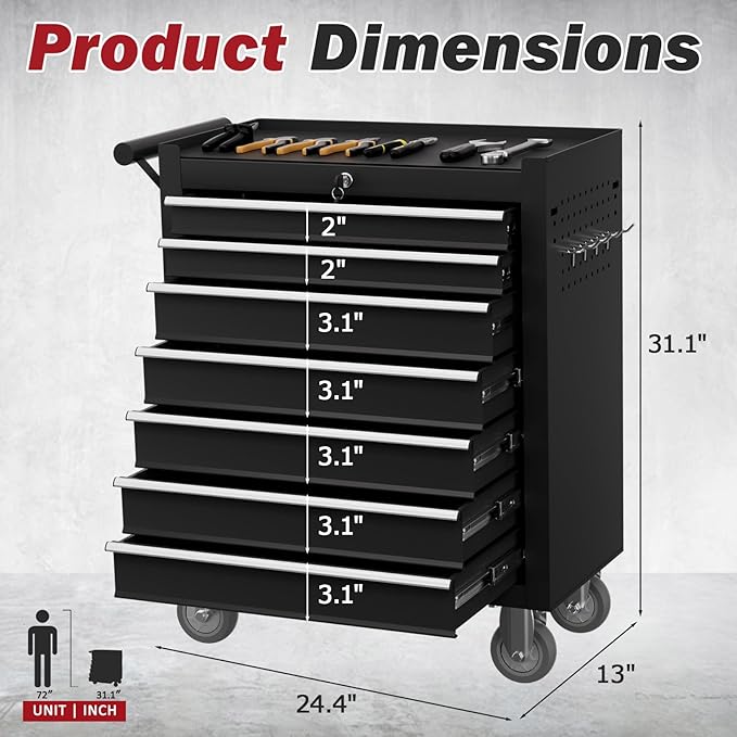 Rolling Tool Chest with Drawers, 7 Drawers Tool Chests & Cabinets, Metal Toolbox with Wheels, Lockable Storage Cabinet, Garage Tool Box with Drawers (Black, 7 Drawers)
