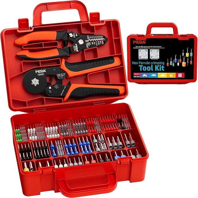 PEBA Ferrule Crimping Tool Kit, with 33 Types of Wire Ferrules, AWG 28-7 Self-Adjusting Hexagon Crimping Pliers and Wire Stripper | Ratchet Crimp Tool for Insulated/Uninsulated Ferrules - Hex Crimper