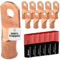 SELTERM 10pcs - 2/0 Awg - 5/16" Stud - Battery Lugs - Ring Terminal Connectors | with 12pcs 3:1 Black & Red Heat Shrink Tubing with Adhesive | Heavy Duty Battery Cable Ends - Bare Copper Wire Lugs Kit