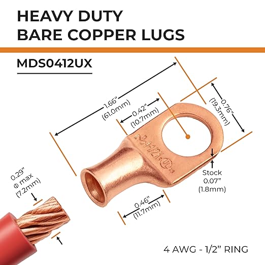 SELTERM 2pcs 4 AWG 1/2" Stud Copper Wire Lugs, Battery Lugs, Ring Terminals, Battery Cable Ends, 4 Guage Ring Terminal Connectors, UL Heavy Duty Bare Copper Eyelets Battery Terminal Connectors