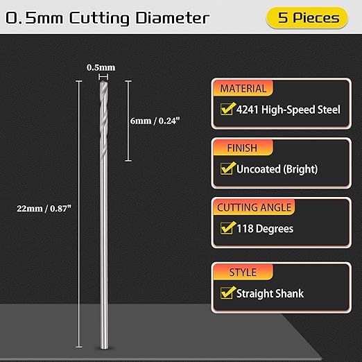 Drill Bit, 0.5mm Cutting Diameter, 4241 HSS 118° Cutting Angle Uncoated Bright Versatile Jobber Bits - (Applications: for Drilling Plastic Wood Soft Metal), 5-Pieces