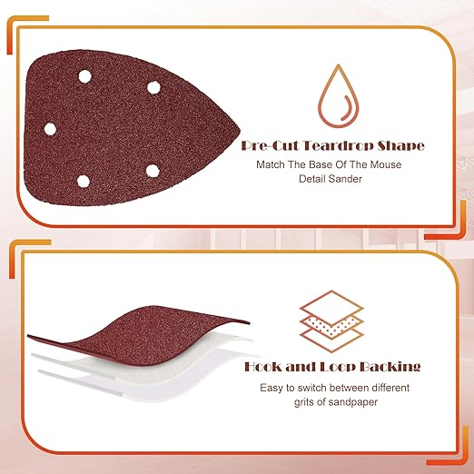 40 Grit Mouse Sander Sandpaper, Jamiikury 5 Hole Detail Sander Sandpaper Palm Sander Paper Mouse Sanding Pads Hook and Loop Sanding Sheets - Pack of 50