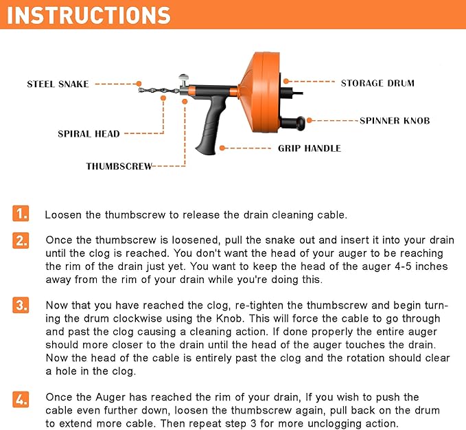 BACOENG 33Ft Drain Auger, Heavy Duty Plumbing Snake with Drill Adapter, Use Manually or Powered for Drain Clog, Shower Sink, Comes with Gloves and Bag (Orange)