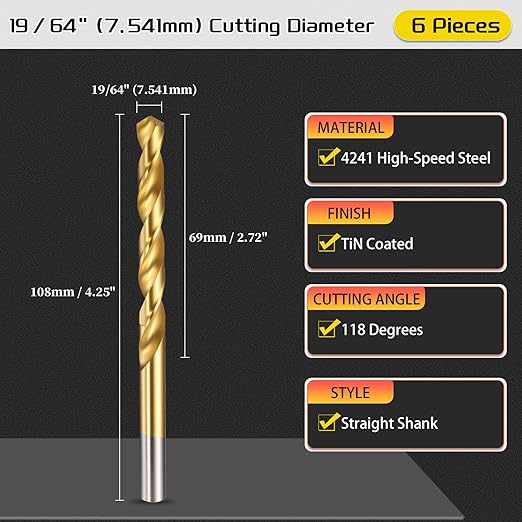 Drill Bit, 19/64" Cutting Diameter (7.541mm), 4241 HSS TiN Coated 118° Cutting Angle Versatile Jobber Bits - (Applications: for Drilling Plastic Wood Soft Thin Metal), 6-Pieces