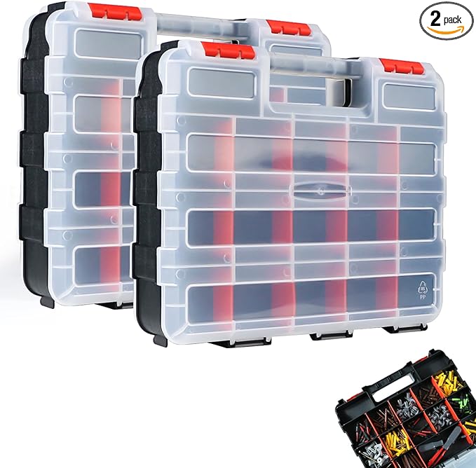 AMM Tool Box, Double Side Tool Box Organizer with 34 Compartments, Removable Dividers, Tackle Box Small Parts Screw Hardware Organizer for Screws, Nuts, Nails and Bolts (2 Piece, Red)