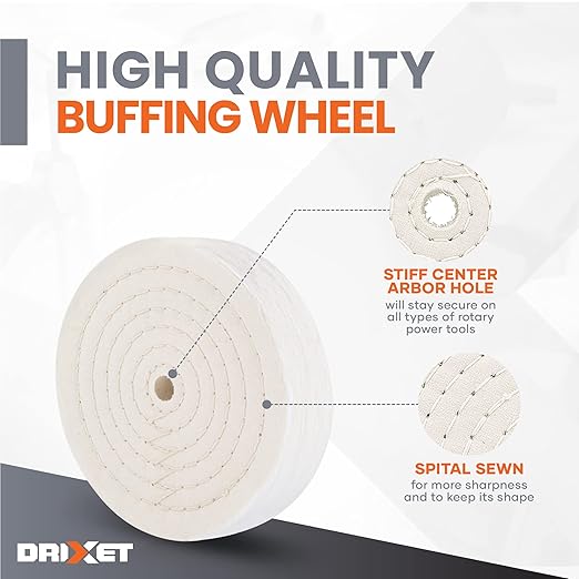 Buffing Wheels for Bench Grinder - 6 Inch Extra Thick Buffing Wheel Fine Cotton Sewn Rigid Treated Spiral with a 1/2” Center Arbor Hole - 80 Ply Polishing Wheel for Bench Grinder (2 Pack)–by Drixet