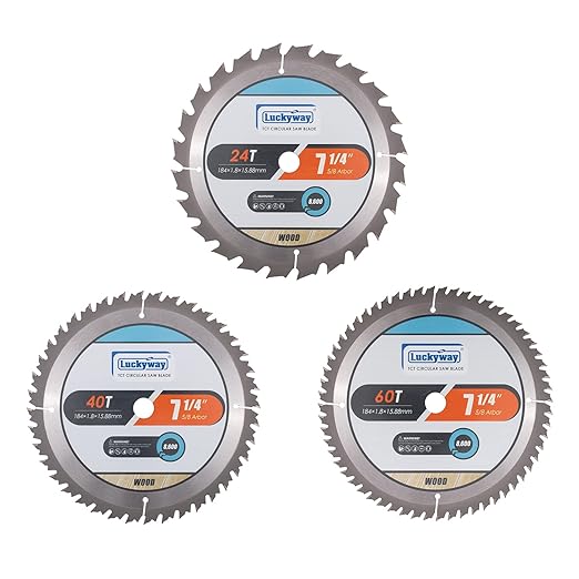 Luckyway 3-Pack 7-1/4 Inch 24T Framing & 40T Crosscutting & 60T Finish with 5/8 Inch Arbor TCT Circular Saw Blade for Cutting Wood