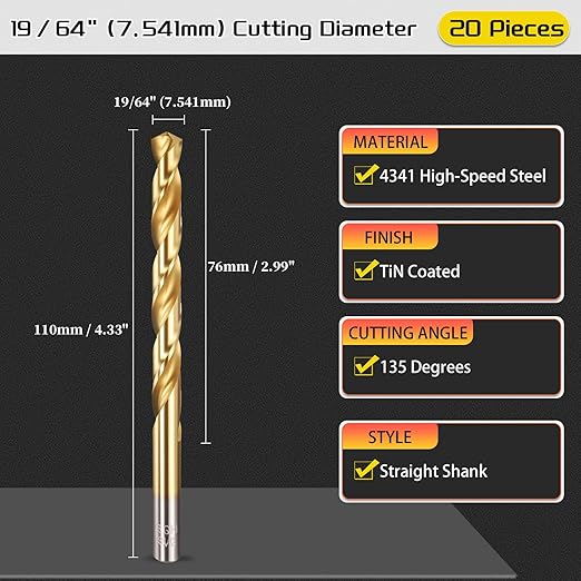 Drill Bit, 19/64" Cutting Diameter, 4341 HSS TiN Coated 135° Cutting Angle Jobber Bits - (Applications: for Drilling Soft Metal Plastic Wood), 20-Pieces