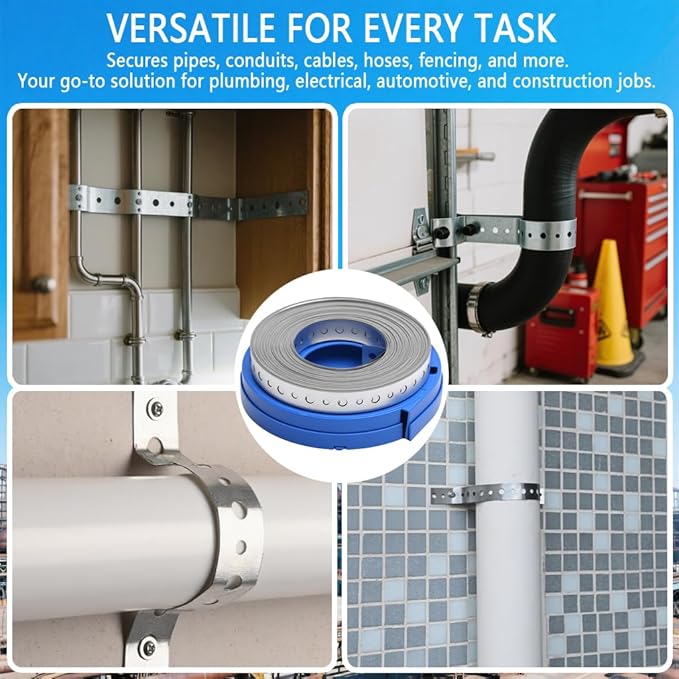 Galvanized Metal Pipe Strap 3/4" 32.8FT, 32-Gauge - Metal Hanger Strapping with Holes for Pipe Support, Flexible Trimming | Includes Storage Case & Gloves