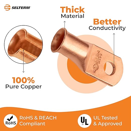 SELTERM 25pcs 1 AWG 1/4" Stud Battery Lugs, Ring Terminals, Heavy Duty Copper Wire Lugs, Battery Cable Ends, 1 Gauge Ring Terminal Connectors, UL Bare Copper Eyelets Electrical Battery Cable Lugs