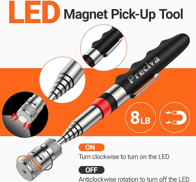 Preciva Telescoping Magnetic Pickup Tool Set - with 16 lb Pick Up Sticks, Telescoping Flexible LED Flashlight, Flexible Magnet Pick Up Sweeper - Fathers Day Christmas Day Gifts for Men