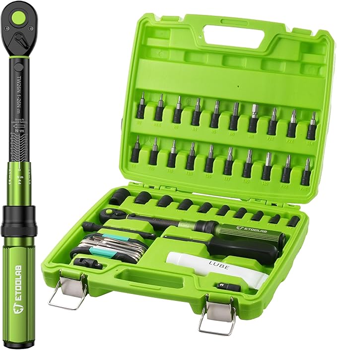 1/4 Torque Wrench with Bike Tire Repair kit, 37Pcs Dual-Range【1-26 Nm/10-231.3 in.lb】±3% Precision Inch Pound Torque Wrench, 72 Tooth Dual-Direction for MTB, E-Bike, Moto Maintenance