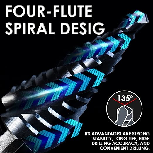 M35 Cobalt Step Drill Bit, Four Spiral Flute Unibit Step Drill Bit (3/16"-7/8") Wear-Resistant TiAlN Coated, 1/4" Hex Shank for Metal, Carbon Steel, Stainless Steel, Wood, Plastic (12 Size)