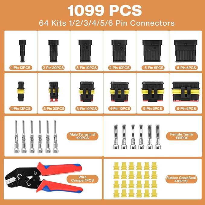 1099PCS 64 Kits Waterproof Automotive Electrical Connectors Plug Kit, 1/2/3/4/5/6 Pin Wire Connector with Ratchet Crimping Tool, Wire Stripper, Terminal Removal Tool, Heat Shrink Tubes