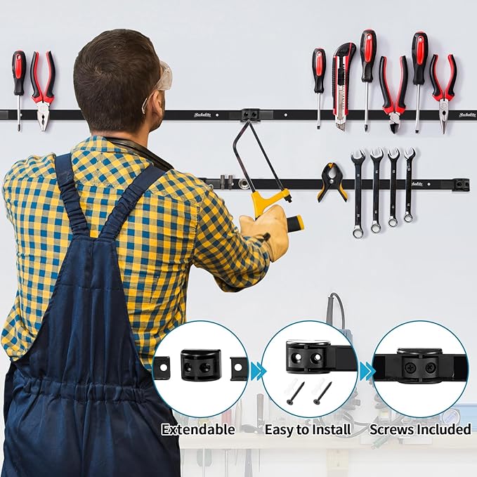 4 Pieces 24" Magnetic Tool Holder Strip, Black Magnet Bar, Metal Tool Organizer Rack for Garage Organization, Easy To Install in Workshop, Mounting Screws Included