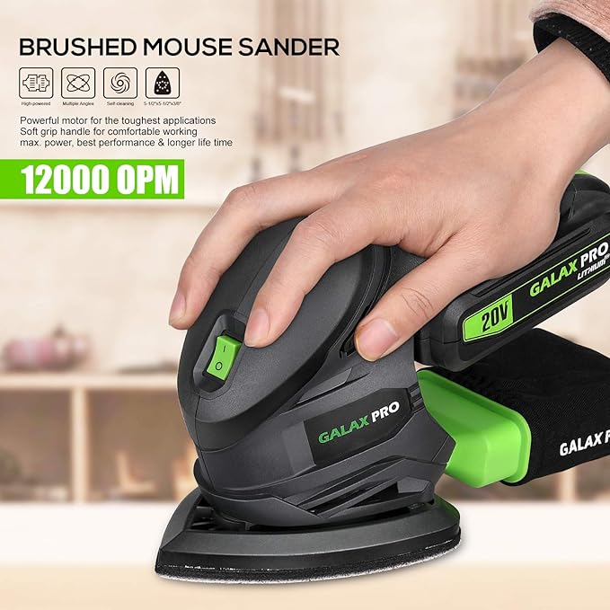 GALAX PRO Cordless Detail Sander 20V, 20Pcs Sandpapers,12000 RPM Sanders with Dust Collection System for Tight Spaces Sanding in Home Decoration, Battery and Charger Included