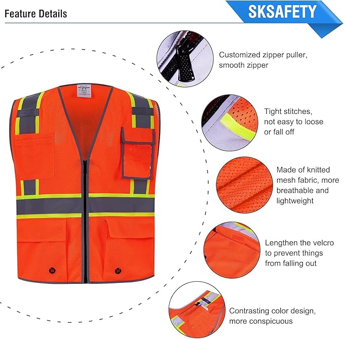 SKSAFETY 10 Pockets Safety Vest, Class 2 High Visibility Security with Zipper Double-sided mesh, Hi Vis Vest with Reflective Strips, ANSI/ISEA Standard, Construction Work Vest （Orange, L）