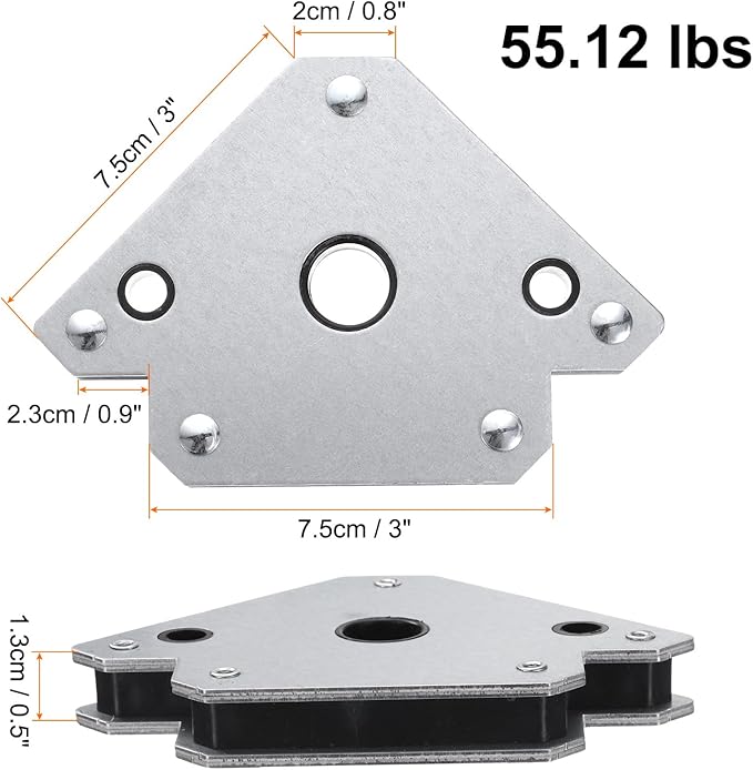 HARFINGTON 2pcs Welding Magnets 55.12 lbs Magnetic Welding Clamp Holder Galvanized Iron Arrow-Shaped Tool 45, 90, 135 Degree with Center Hole for Fixed Angles, Silver Tone