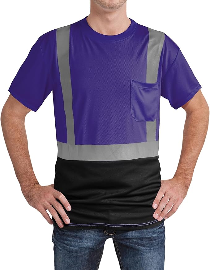 High Visibility Shirts Quick Dry Safety T Shirts with Reflective Strips and Pocket Short Sleeve Mesh Hi Vis Construction Work Class 2 Shirt for Men/Women Black Bottom Purple,Small