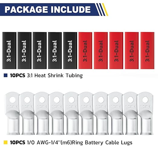 haisstronica 10pcs 1/0 AWG - 1/4" (M6) Tinned Copper Battery Lugs, Heavy Duty Copper Wire Lugs with 10pcs 3:1 Adhesive Heat Shrink Tubing, 1/0 Gauge Wire Lugs, Tinned Copper Battery Cable Ends