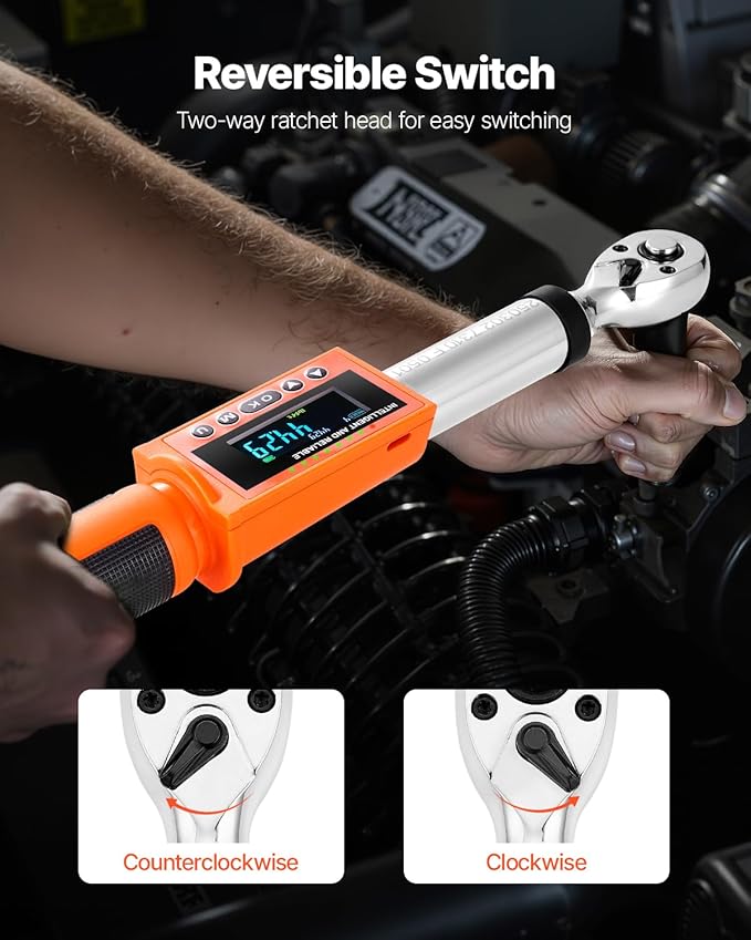 VEVOR Digital Torque Wrench 3/8" Drive, 5-99.57FT.LB(6.7-135Nm) ±2% Accuracy, Electronic Torque Wrench with Preset Mode,Vibration,Buzzer,LED Notification,Extension Bar, 1/2 Adapter, 5 Units of Measure