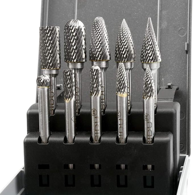 Carbide Burr Set 10pcs Die Grinder Bits 1/2 Inch Cutting Burrs 1/4 Inch Shank Double Cut Carbide Rotary Burr Set for Die Grinder Drill,Metal Carving,Polishing,Engraving,Drilling