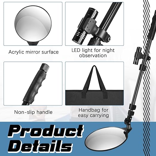 Barydat 2 Pack Under Vehicle Inspection Mirror with Telescoping Handle and Light 8 Inch Diameter Security Angle Adjustment Handheld Inspection Mirror for Under Car Truck Equipment Over Shelf