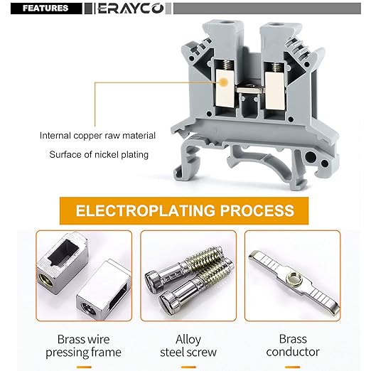 Erayco UK2.5B-BL DIN Rail Terminal Block, Screw Clamp, 600V 20A 24-12AWG, Pack of 100