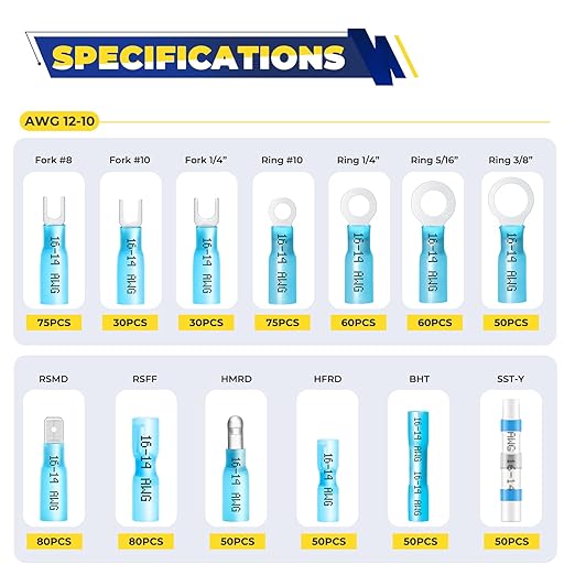 FORCA 740PCS Heat Shrink Wire Connectors Kit, AWG 16-14 Marine Grade Waterproof Crimp, Electrical Solder Seal, Ring Fork Spade Bullet Solder Butt Connectors Blue(13 Types)