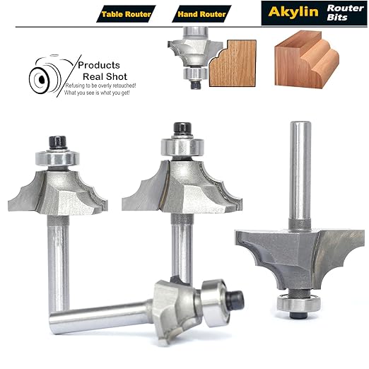 4Pcs Bearing Guided Bead Ovolo Bit Set,1/4" Shank Decorative Edge Bits with Double Round,Rounding Over Radius 3.2mm, 4mm, 5.5mm, 6.35mm, for Wood Profiling,Molding