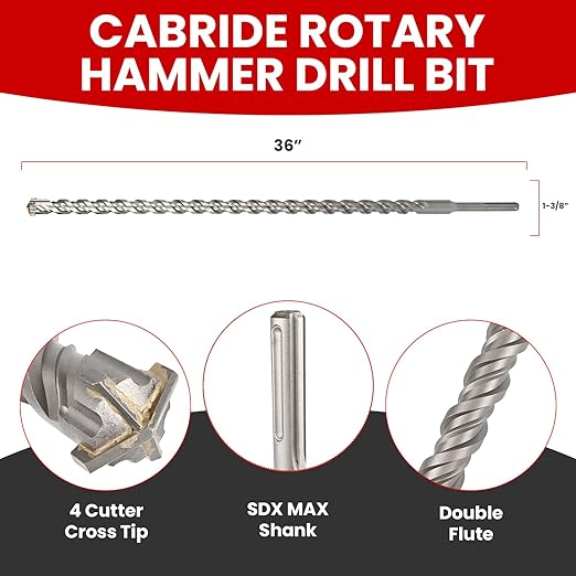 1-3/8 X 36 in SDS MAX Bits, Rotary Hammer Drill Bits, Carbide Drill Bits, Masonry Drill Bits for Concrete, Stone and Brick, SDS MAX Hammer Double Flute, Masonry Drill Bit, Concrete Drill Bit