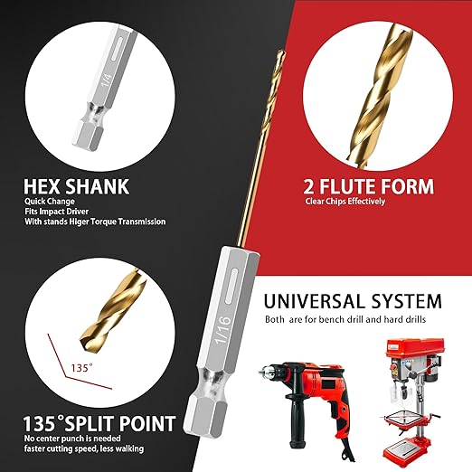 13PC 1/16" Titanium Coated Twist Hex Shank Drill Bit Set, 135 Degree Tip HSS Drill Bit Sets, Impact Driver Drill Bits for Wood, Steel, Metal, Plastic with Quick Change Design