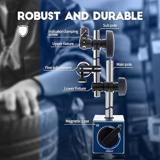 Dasqua Magnetic Base, Adjustable Stand with Fine Adjustment Holder for Dial Indicator, 3/8" Clamping Hole, Strong Pull Force 286lb/130kg
