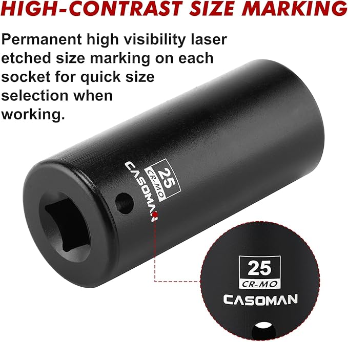 CASOMAN 1/2" Drive x 25mm Deep Impact Socket, 6-Point, Metric, CR-MO