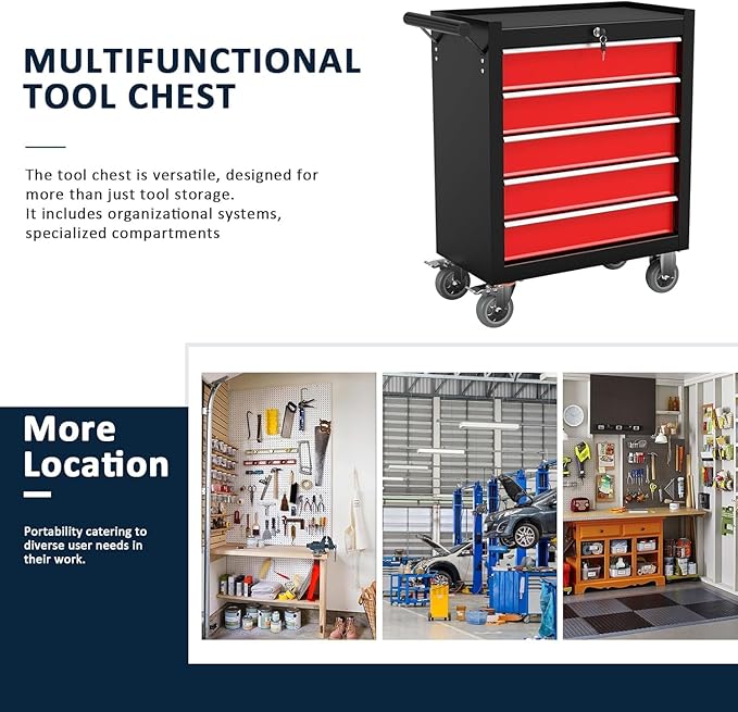5-Drawer Metal Rolling Tool Chest with Wheels,Tool Storage Cabinet with Locking System，Toolbox with Wheels for Garage, Warehouse, Workshop, Repair Shop (Black&red, 5-Drawer)