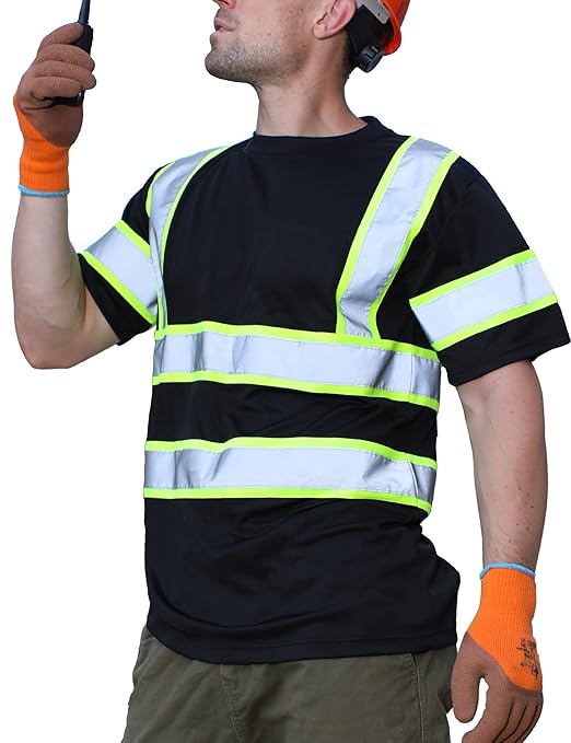 sesafety High Visibility Shirts for Mens Class 3 Hi Vis Reflective Construction Shirts for Men with Pocket Safety T Shirts for Men Work Shirt for Mens Short Sleeve Black Yellow Strips 4XL