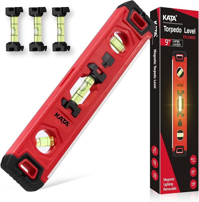 KATA Torpedo Level Magnetic with Light: 9 Inch Shockproof Small Leveler Tool with Ruler - 3 Bubbles Spirit Level with Extra 2 Line Bubble Vials - Plumbing Levelers for Hanging Pictures Home Renovation
