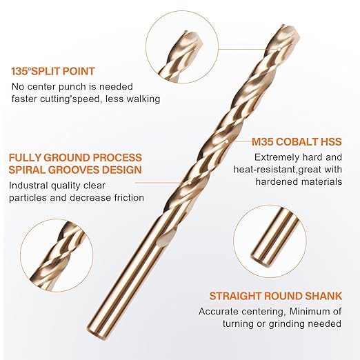 KENDO 115 Pieces Cobalt Drill Bit Set, M35 High Speed Steel Bits Twist Jobber Length Drill Bit Kit for Metal, Cast Iron, Stainless Steel, Plastic and Wood with Storage Case, 1/16"-1/2"