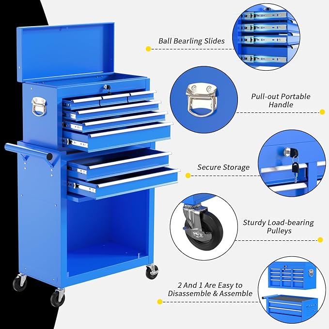 On Shine 8 Drawer Rolling Tool Chest, Large Capacity Rolling Tool Box with Wheels, Locking Mechanical Tool Chest, Portable Tool Box with Sliding Drawers,Metal Tool Box for Garage Workshop (Blue)