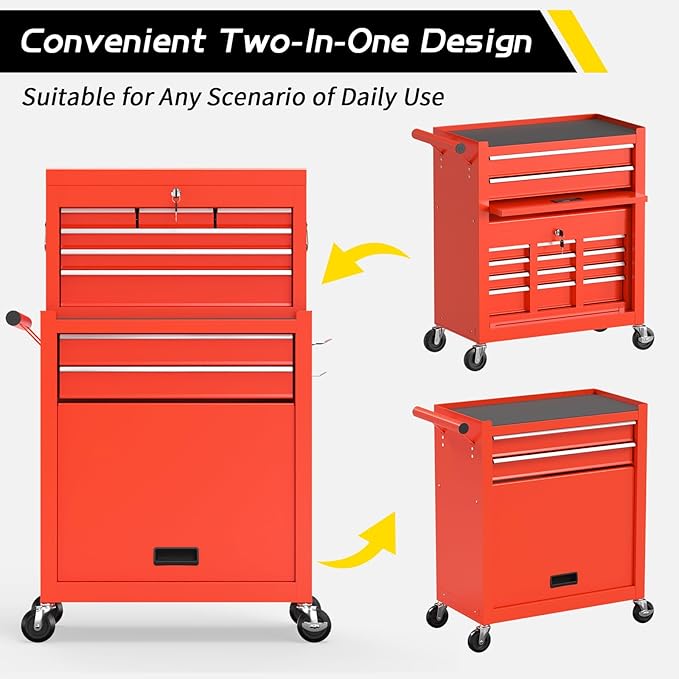 On Shine Rolling Tool Chest - 8 Drawer Large Capacity Metal Tool Box with Wheels, Locking Mechanisms; ideal for Garage, Workshop (Red)