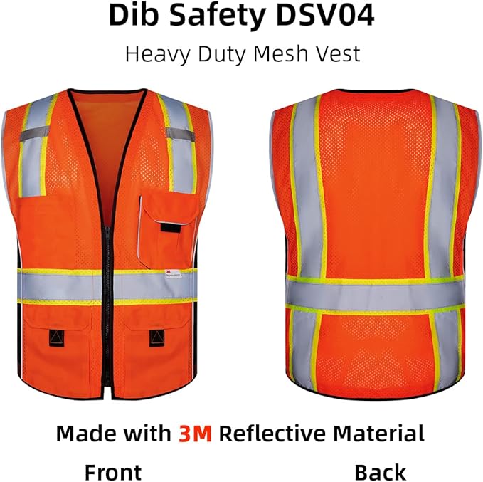 Dib Safety Vest Reflective Orange Mesh, High Visibility Vest with Pockets and Zipper, Heavy Duty Vest Made with 3M Reflective Tape XL