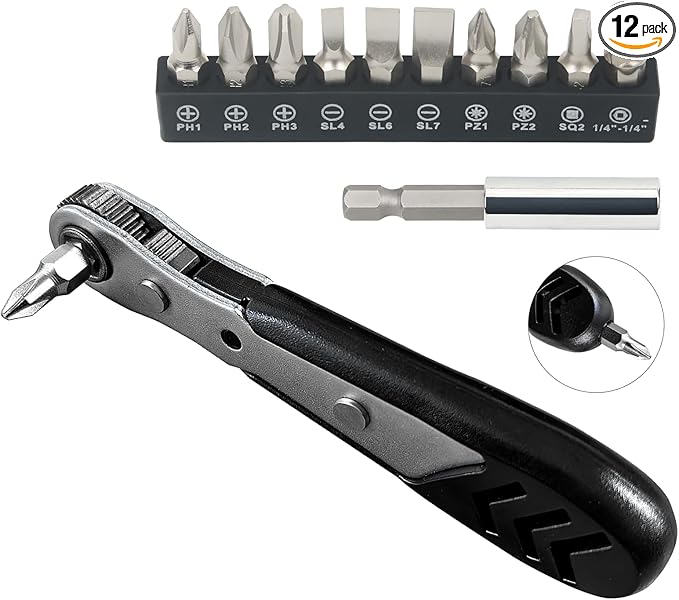 STREBITO Mini Ratchet Set 12-Piece 1/4 Right Angle Screwdriver Set - Small Ratcheting Wrench 90 Degree Offset High Torque Low Profile for Tight Spaces