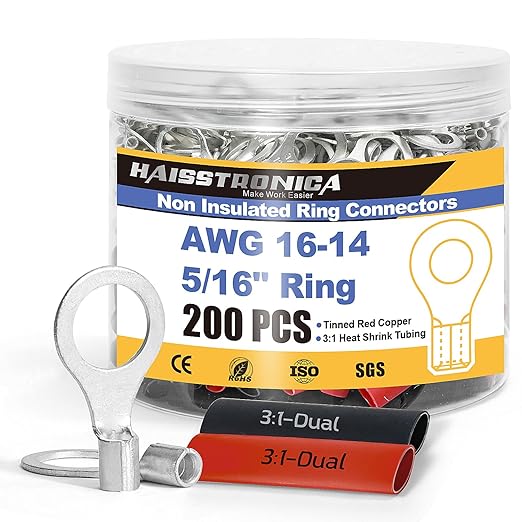 haisstronica Non Insulated Wire Connectors Kit，100pcs 5/16” Ring Terminals (AWG 16-14) with 100pcs 3:1 Heat Shrink Tubing for Automotive Marine，Brazed Seam Wire Crimp terminals