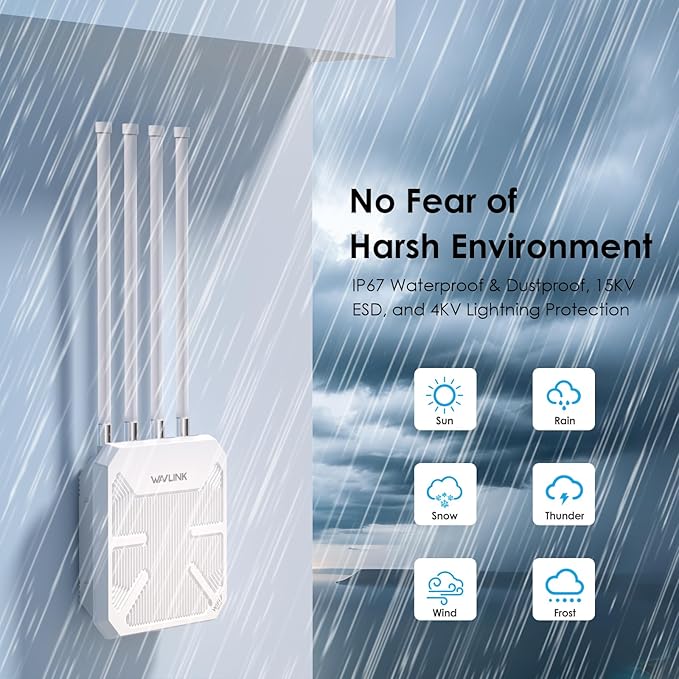 WAVLINK WiFi 7 BE5100 Outdoor WiFi Extender, Dual Band Long-Range Outdoor WiFi Repeater|Access Point|Mesh Router, POE Powered | IP67 Waterproof | 4 x 8dBi Antennas, 2.5 Gbps Ethernet, Up to 2800 sq.ft