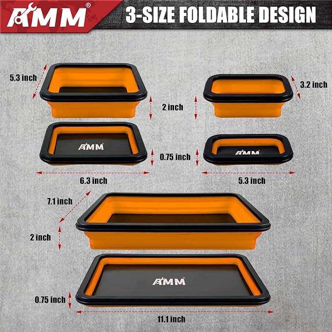 AMM Foldable Magnetic Parts Tray Set, 3 Different Size Magnetic Tool Trays for Bolts Screws Nuts & Small Metal Parts, Mechanic Tool Present for Men，Orange