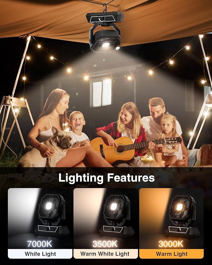 Portable Camping Fan with 20000mAh Rechargeable Battery, USB-C Battery Powered Fan for Indoor Outdoor Use, Ultra Quiet Battery Operated fan for Travel, Tent, Beach, Picnic, BBQ, Desk, Home