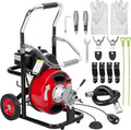 75 FT x 3/8 Inch Drain Cleaner Machine with 250W Motor, Auto Feed Sewer Snake Auger with 8 Cutters & Air-activated Foot Switch, Semi-Enclosed Drum Drain Cleaning Tool for 2" to 4" Pipes