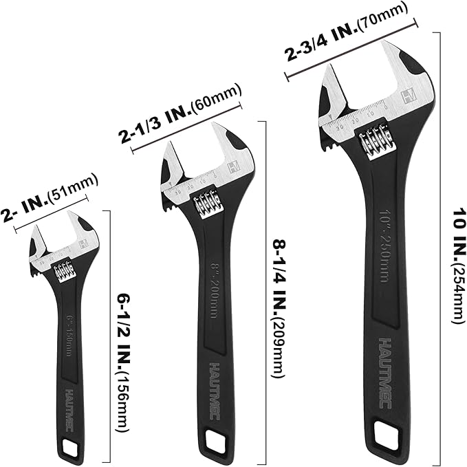 HAUTMEC 3PCS Adjustable Wrench Set Extra Wide Jaw Black Finish Adjustable Wrenches Drop-Forged CR-V Steel Metric & SAE Scales 6 in. 8 in. 10 in. for Home Garage Workshop DIY