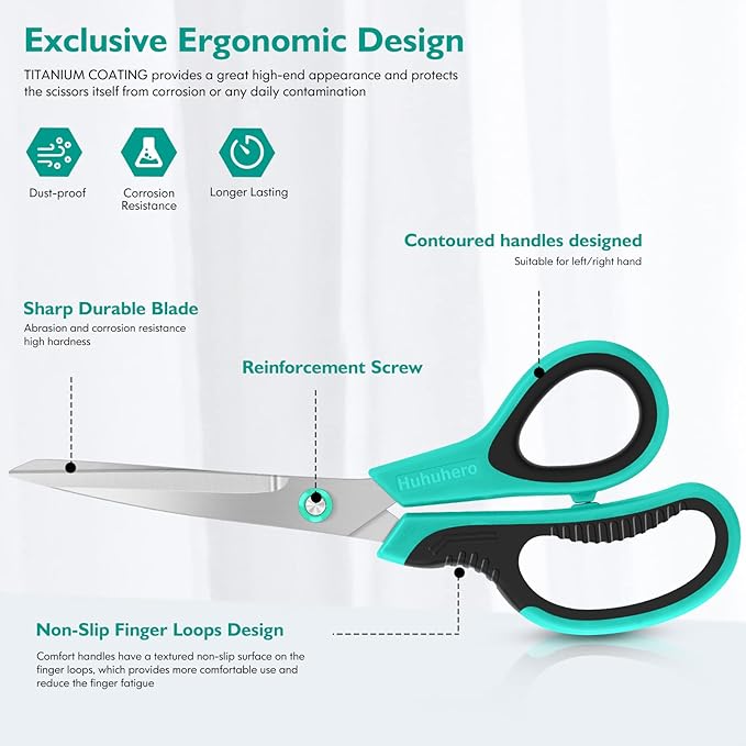 Huhuhero 8.7" Multipurpose Scissors Heavy Duty, Titanium Sharp Scissors for Office Home Sewing High School Students, Comfort Grip Shears Multipack Set of 3, Art Craft Supplies